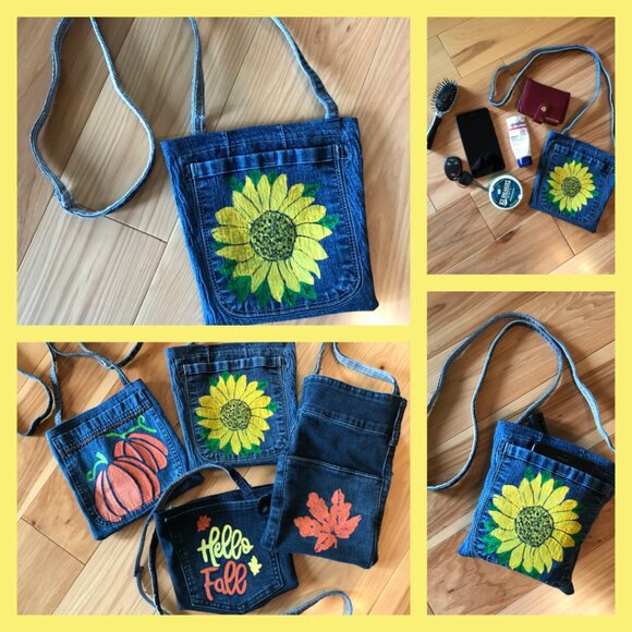 Denim Crossbody Bag: Sunflower Theme Handmade Jean Purse, Cell Phone Holder - Picture 11 of 11